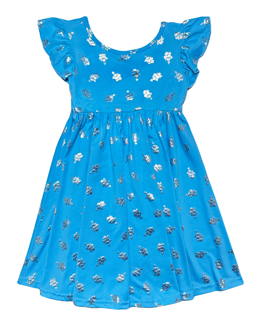 Blue Atoll Foil Rose Empire Dress