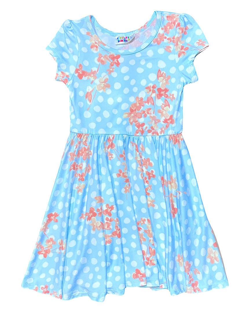 Blue dress with floral pattern on a white background