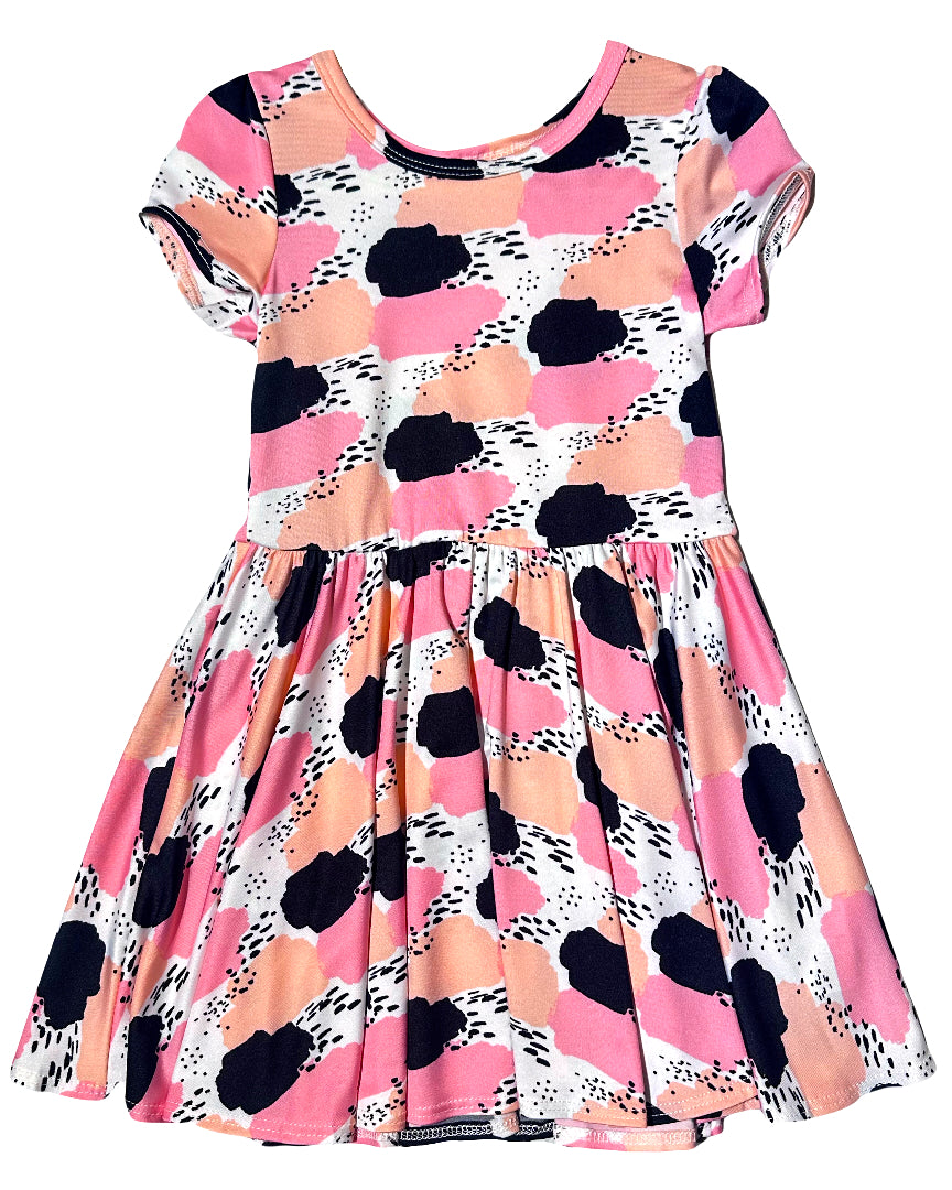 Cotton Candy Clouds Cap Dress – girls pink and peach abstract print dress by DotDotSmile