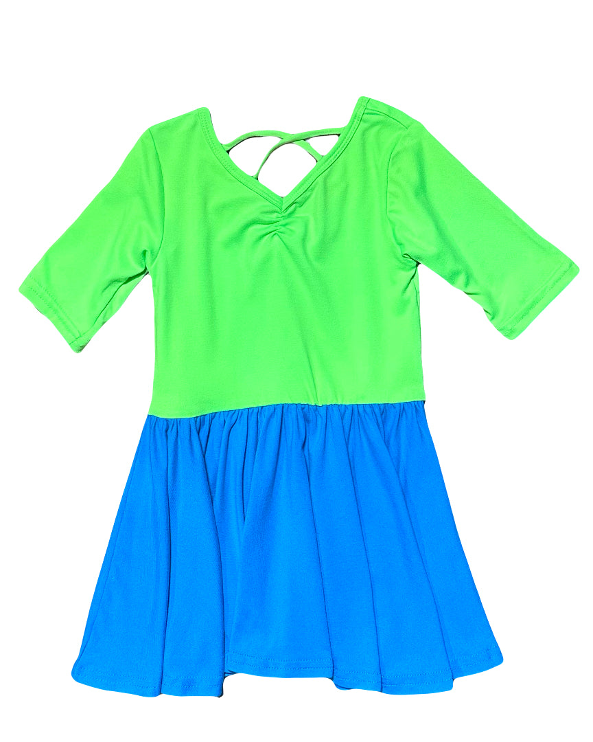 Two-tone neon green and blue ballerina dress for kids