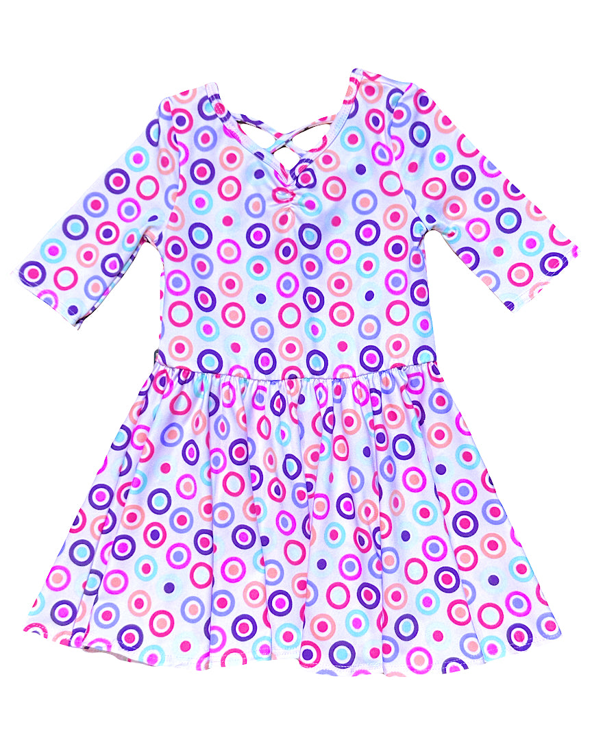 Girls Ballerina Dress with pink and multicolor circle print and criss-cross back