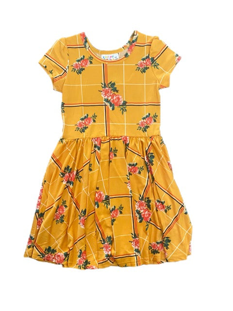 Rose and Grid Yellow Cap Dress