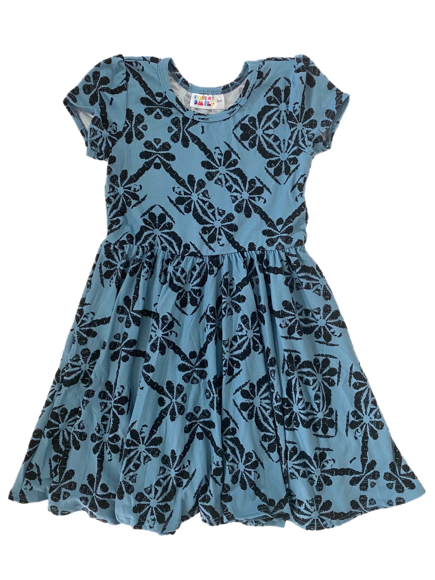 Teal and Black Floral Cap Dress