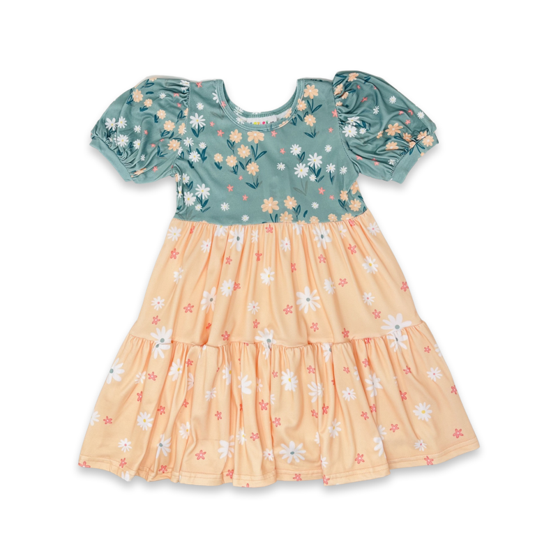 Green and Peach Daisy Tier Dress