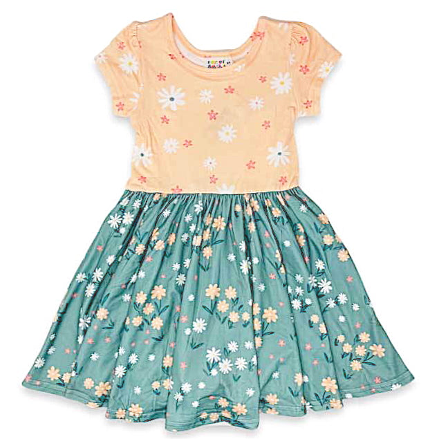 Peach and Green Daisy Cap Dress