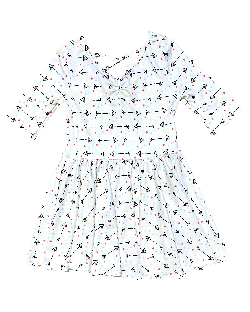 Girls ballerina dress featuring hand-drawn arrows and colorful accents