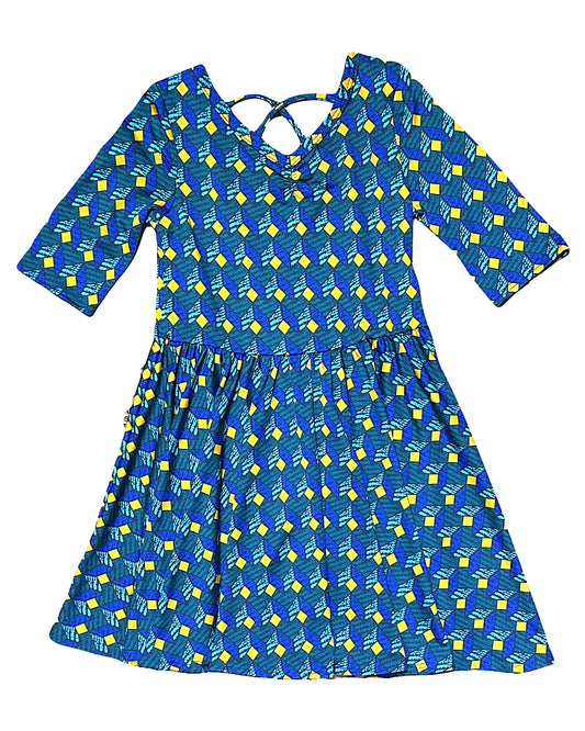 Girls geometric print twirl dress in blue, teal, and yellow