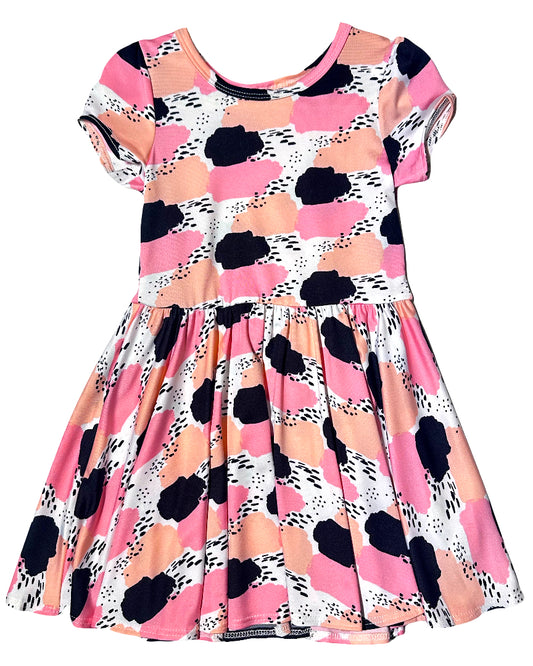 Cotton Candy Clouds Cap Dress – girls pink and peach abstract print dress by DotDotSmile