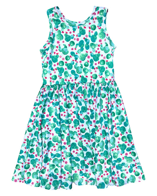 Watercolor cactus and flower pattern twirl dress for girls