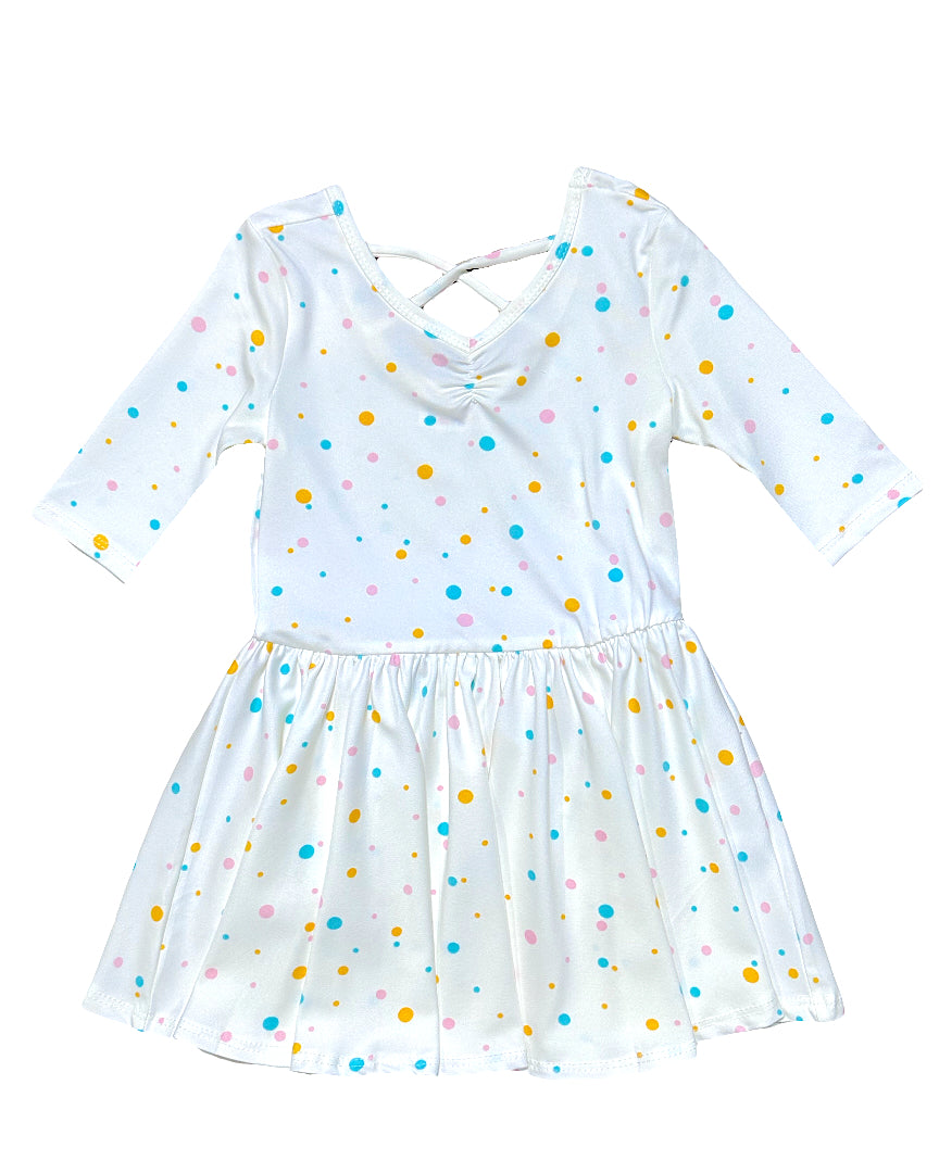 Girls white twirl dress with pastel confetti-style dots