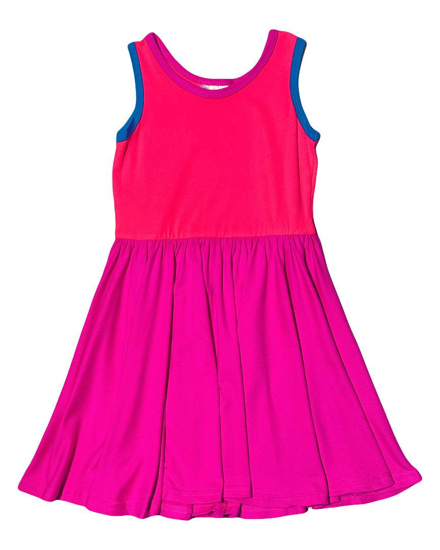 Electric Pop Tank Dress – girls bright pink and blue colorblock dress by DotDotSmile