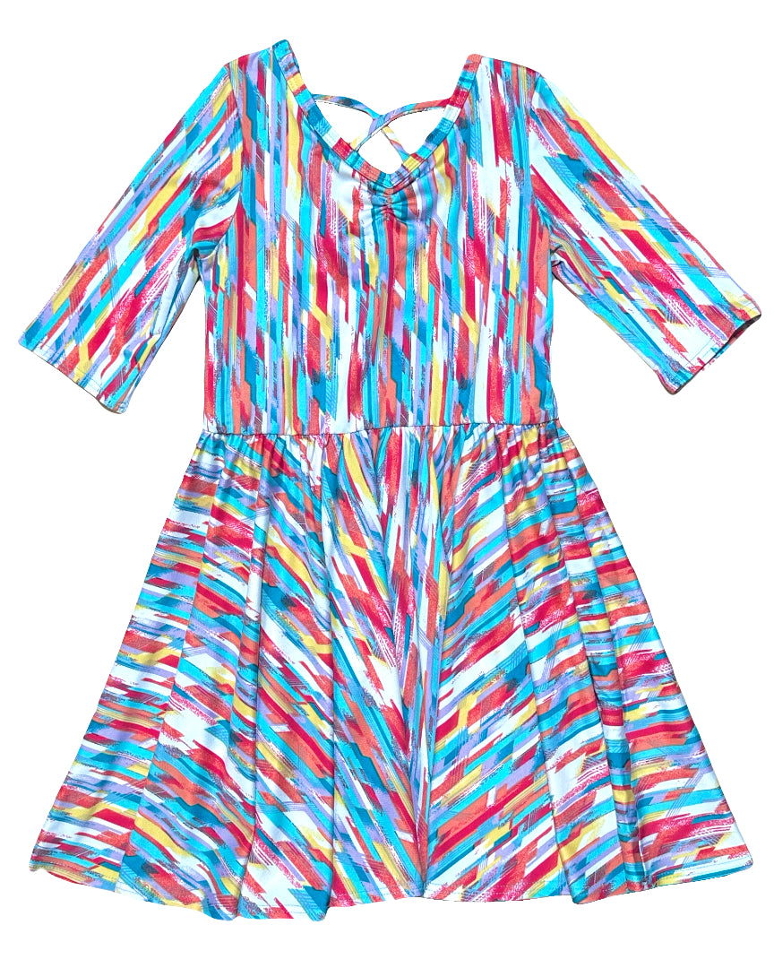 Girls abstract rainbow Ballerina Dress with criss-cross back and full twirl skirt