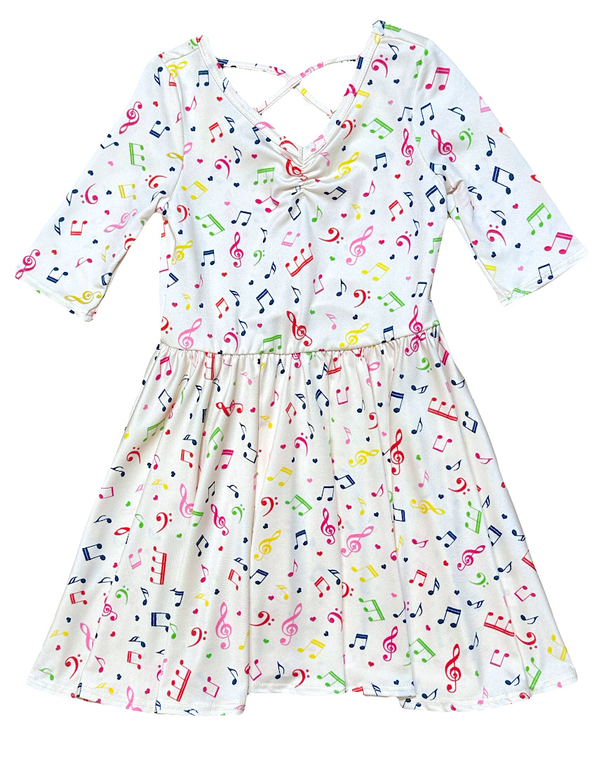 Girls beige Ballerina Dress with colorful music notes and criss-cross back