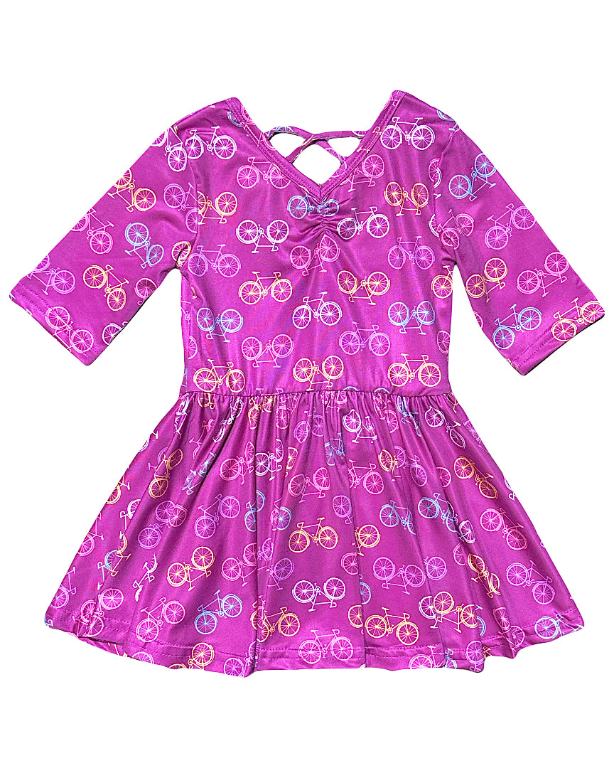 Bright Bike Parade Ballerina Dress with rainbow bicycles