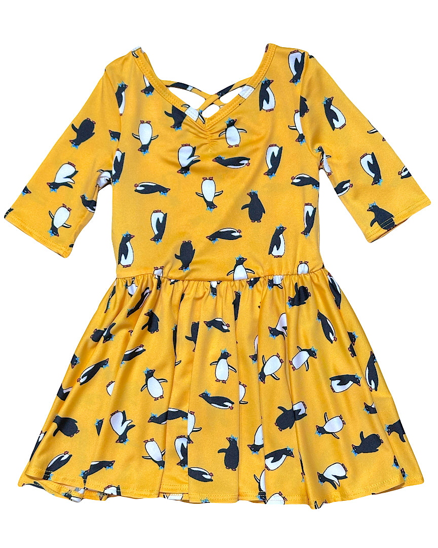 Girls yellow Ballerina Dress with cute penguin print and criss-cross back