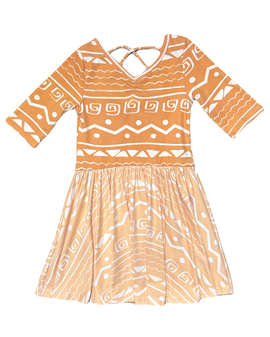 Island-inspired ballerina dress with wave and tribal-style patterns