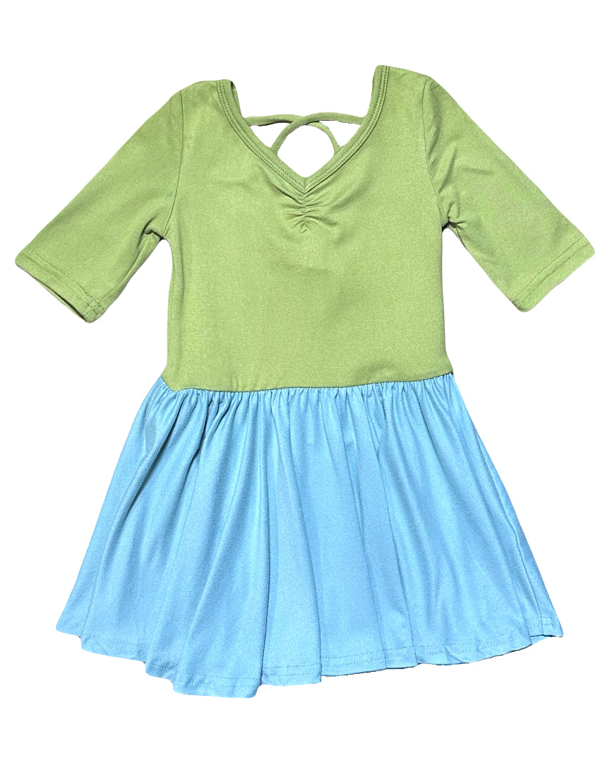 Girls colorblock ballerina dress with green bodice and sky-blue twirl skirt