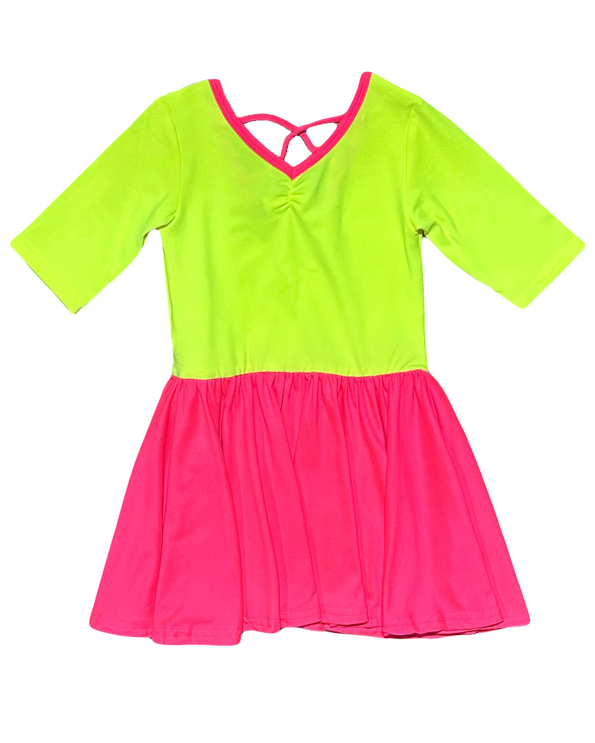 Girls neon pink and highlighter yellow dress with cross-back detail